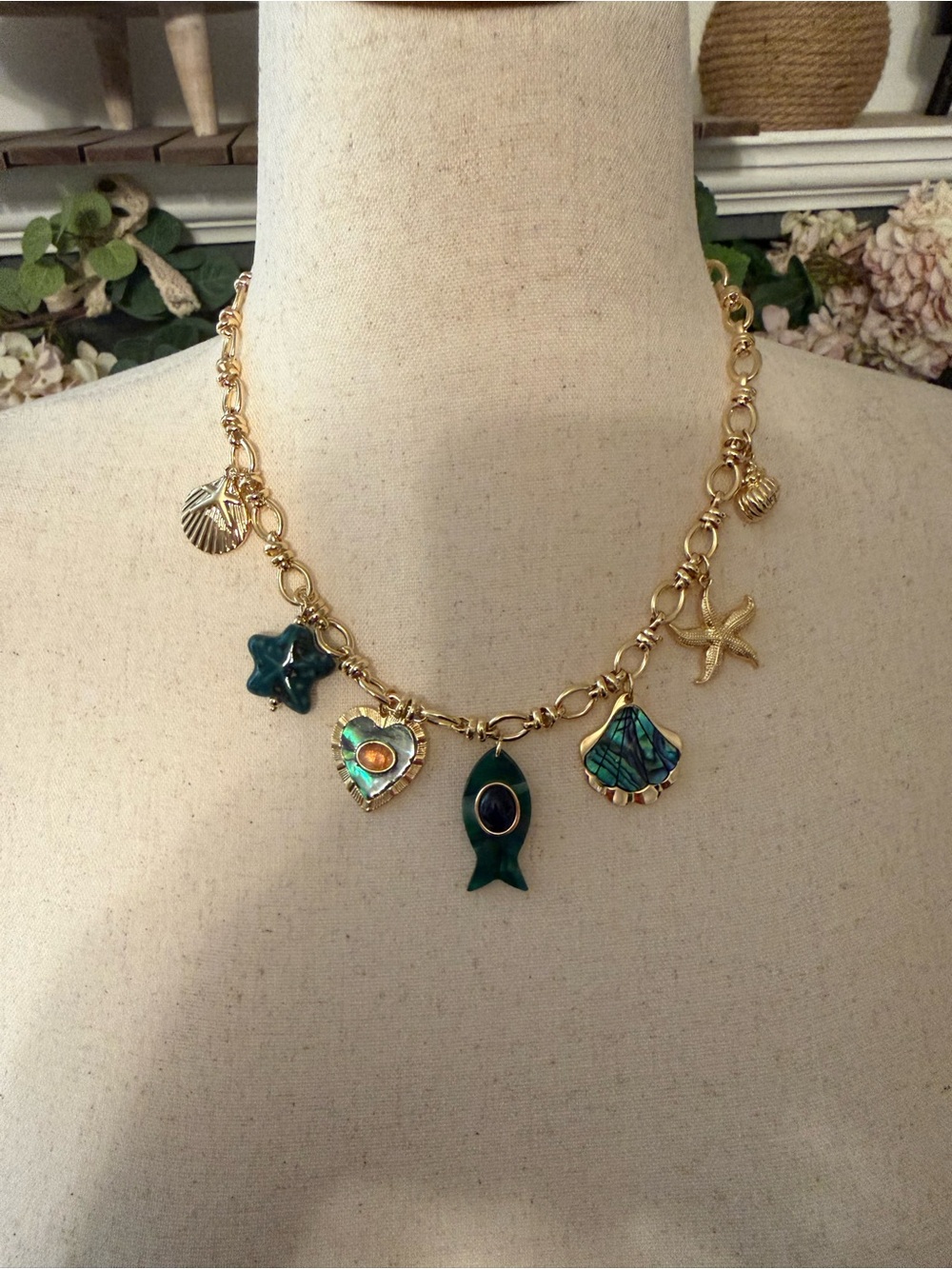 Park Lane “Havana” Gold Chain Charm Necklace with Teal Shell Pendants